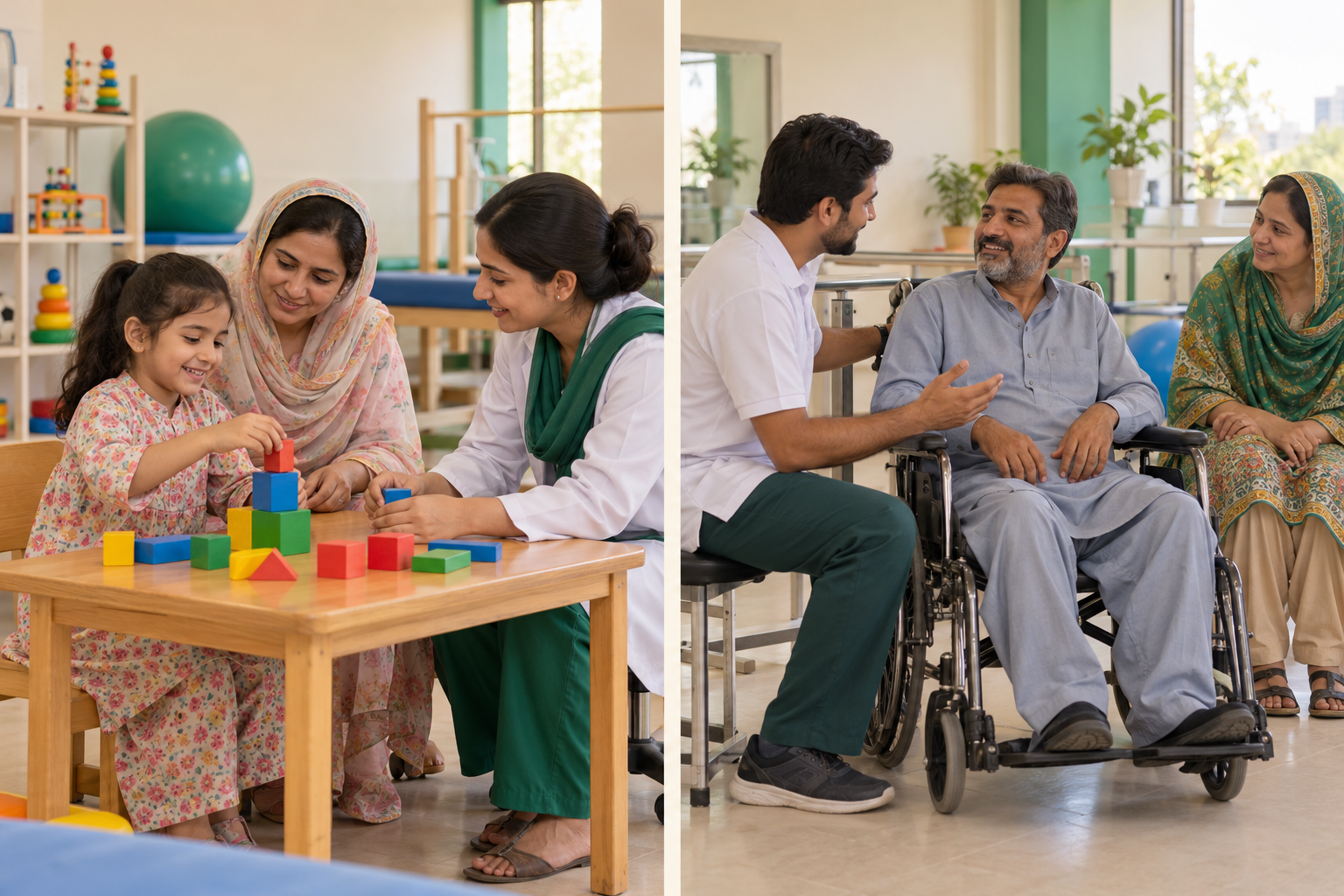 Generated illustration of rehabilitation support with Pakistani children, adults and families